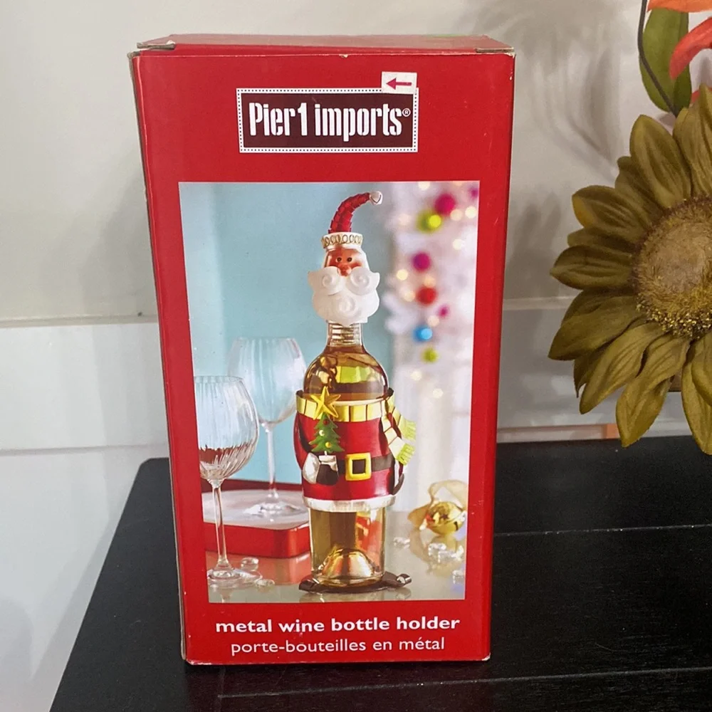 New Pier 1 Metal Santa Wine Bottle Holder Caddy Figurine Holding Tree